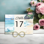 Summer Beach Watercolor Scene Wedding Table Number<br><div class="desc">Beach themed wedding table number with watercolor scene of a gorgeous blue ocean lapping the sand of a palm lined beach under the summer sky. Modern lettering with casual, handwritten style script. Perfect for a beach wedding, coastal wedding, summer wedding, sea wedding, nautical wedding, tropical caribbean island cruise wedding or...</div>