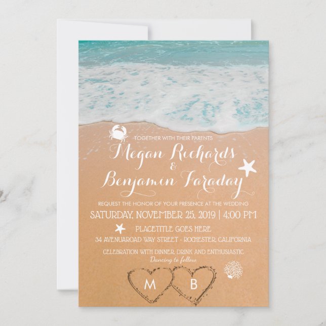 Summer Beach Wedding Hearts Name in the Sand Invitation (Front)