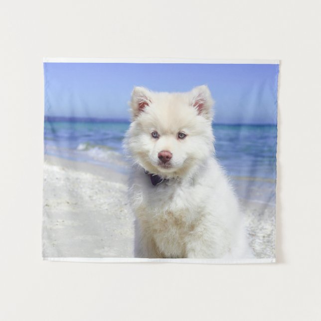 Summer Beach White Spitz Samoyed Pet Dog Canine Tapestry (Front (Horizontal))