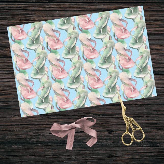 Summer Beachy Pink and Green Flipflops on Sky Blue Tissue Paper (Creator Uploaded)