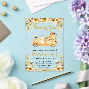 Summer Bee Truck & Sunflowers 21st Birthday Acrylic Invitations