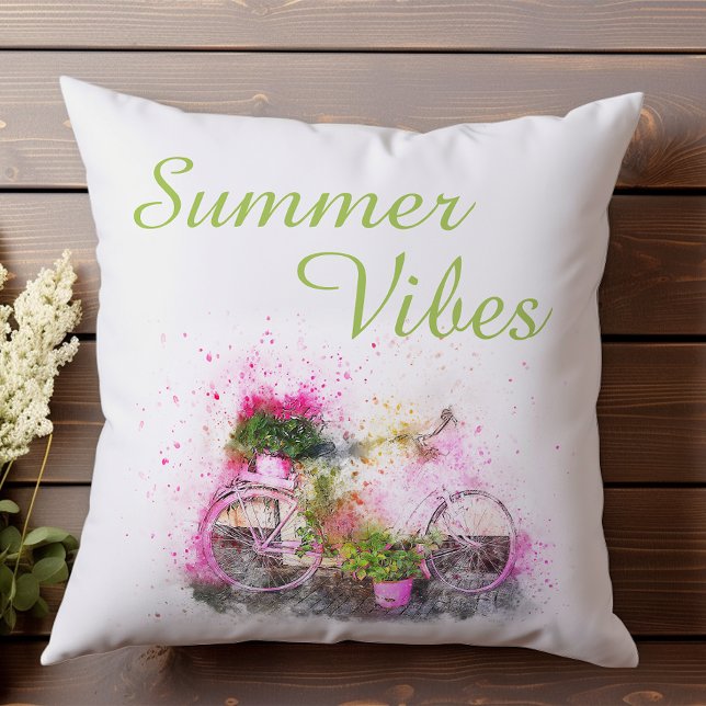 Summer bicycle watercolor fun colourful pink cushion (Creator Uploaded)