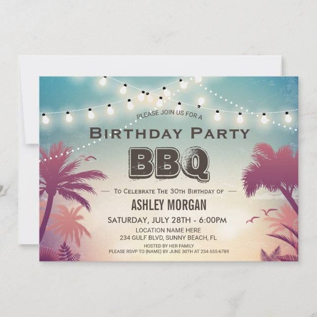 Summer Birthday BBQ Party Palm Tree String Lights Invitation (Front)