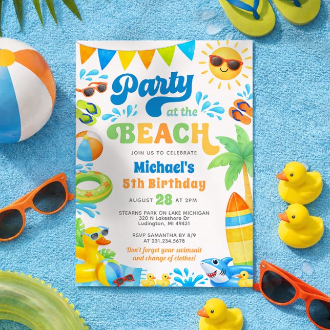Summer Birthday Invitation for Boys - Beach Party (Beach Party Birthday Invitation - Boy Summer Birthday - Duck and Shark Theme)