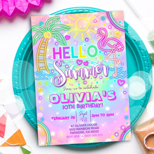 Summer Birthday Invitation Hello Summer Party (Neon Hello Summer Party Invitation)