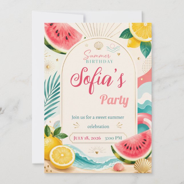 Summer Birthday Party Invitation with Watermelon (Front)