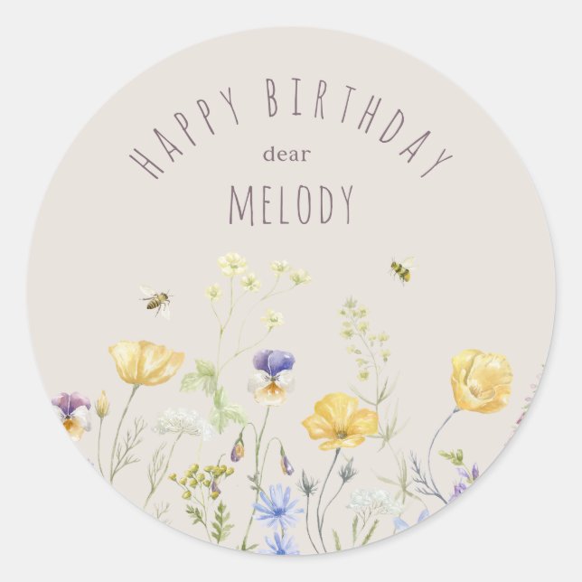 Summer Bliss, wildflowers, watercolor Birthday  Classic Round Sticker (Front)
