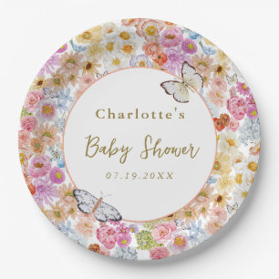 Summer Bloom Floral Butterfly Baby Shower Custom Paper Plate