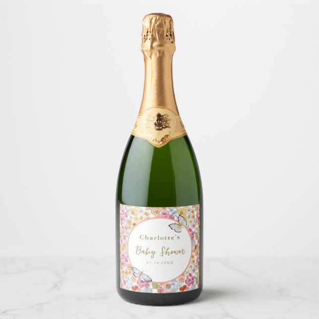 Summer Bloom Floral Butterfly Baby Shower Custom Sparkling Wine Label (Front)