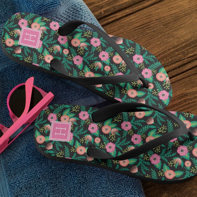 Summer Blooms Pink Floral Monogram Jandals (Creator Uploaded)