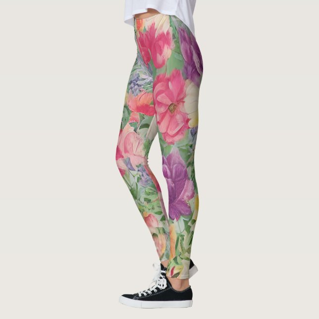 Summer Blooms Watercolor Flower Collage Leggings (Left)