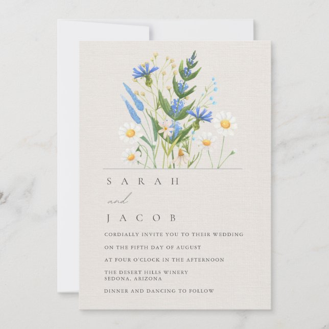 Summer Blossom Blue Daisy Wedding Invitation (Front)