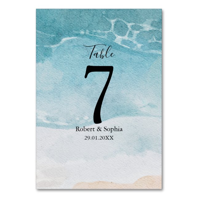 Summer Blue Beach Wedding Table Number (Front)