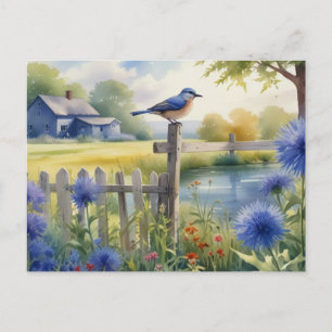 Summer Blue Bird Nature House Postcard Watercolor