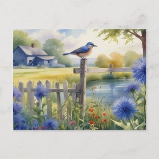 Summer Blue Bird Nature House Postcard Watercolor