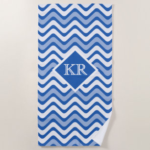 Summer Blue Chevron Zig Zag Stripe Monogram Beach Towel