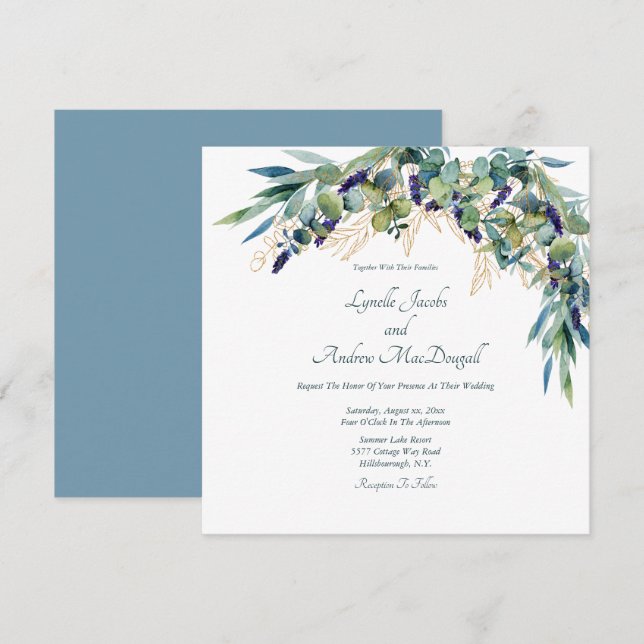 Summer Blue Green Watercolor Floral Wedding Invita Invitation (Front/Back)