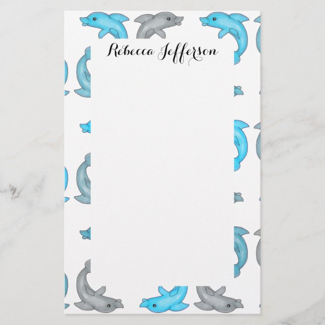 Summer Blue Grey Cute Dolphins Illustrations Stationery (Front)