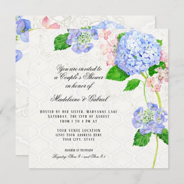 Summer Blue Hydrangea Watercolor Couples Shower Invitation (Front/Back)