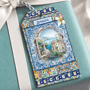 Summer Blue Italian Floral Citrus Monogram Gift Tags