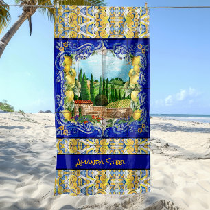 Summer Blue Italian Majolica Citrus Monogram Beach Towel