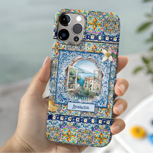 Summer Blue Italian Majolica Citrus Monogram iPhone 15 Case