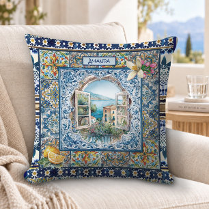 Summer Blue Italian Majolica Citrus Monogram Cushion