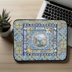 Summer Blue Italian Majolica Citrus Monogram Laptop Sleeve