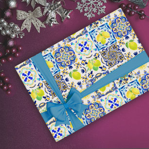 Summer Blue Italian Majolica Sicilian Citrus Wrapping Paper