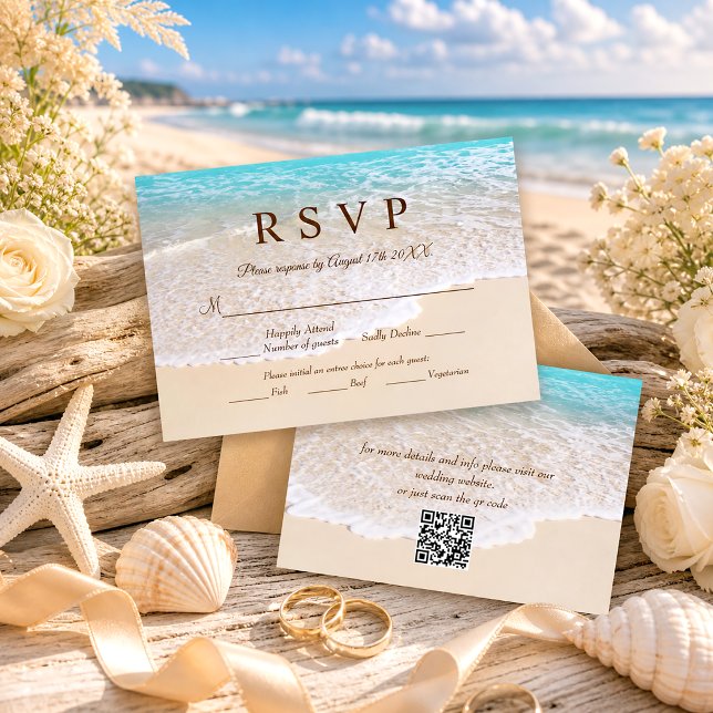 Summer Blue Ocean Waves Tropical Beach Wedding RSVP Card (Creator Uploaded)