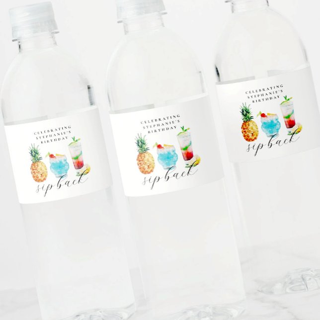 Summer Blue Pineapple Cocktails Birthday Party Water Bottle Label (Creator Uploaded)
