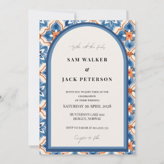 Summer Blue Red And White Moroccan Tile Wedding Invitation