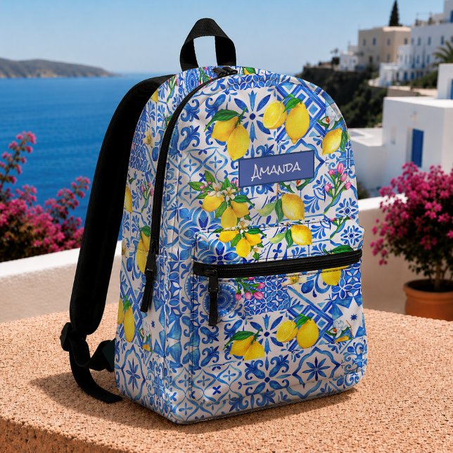 Summer Blue Sicilian Majolica Citrus Mediterranean Printed Backpack (Creator Uploaded)