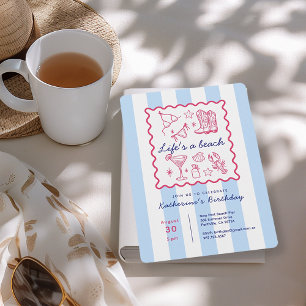 Summer Blue Stripes Beach Life Birthday Party Invitation