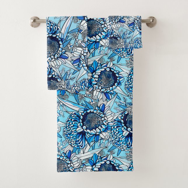 Summer Blue Waratah Florals Bath Towel Set (Insitu)