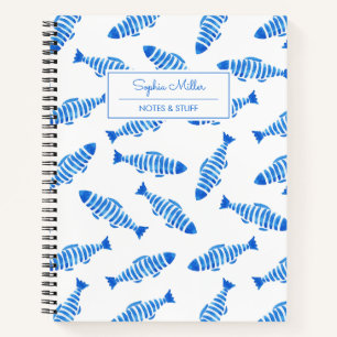 Summer Blue Watercolor Fish Personalised Name Notebook