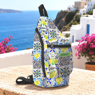 Summer Blue Yellow Mediterranean Majolica Citrus Sling Bag