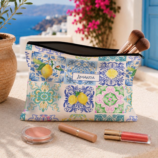 Summer Blue Yellow Sicilian Azulejo Citrus Accessory Pouch (Creator Uploaded)