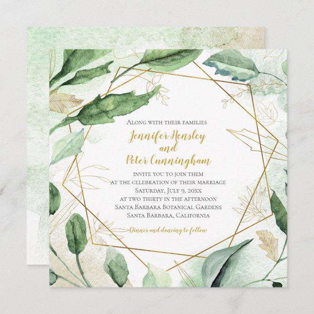 Summer Blush Leaves and Gold Geometric Wedding Invitation (Front/Back)