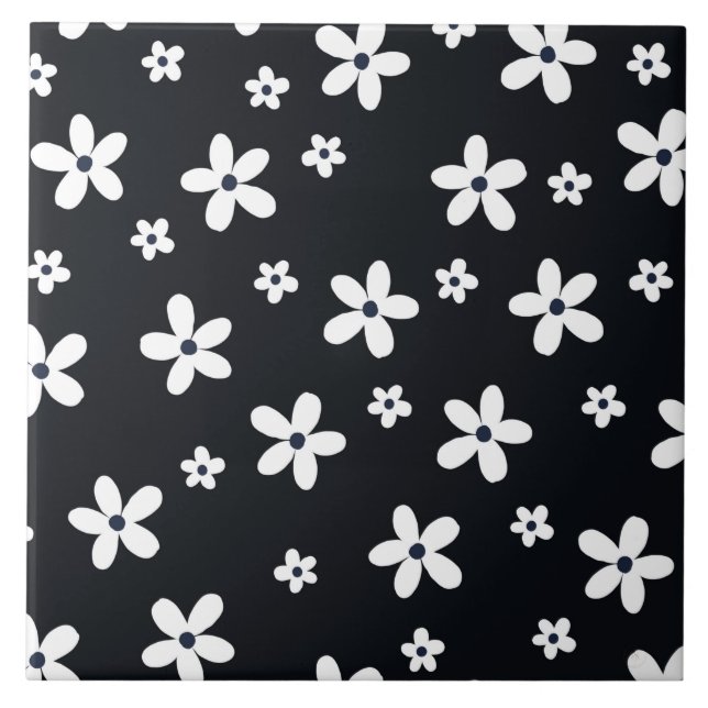Summer Boho Black White Daisy Flowers Tile (Front)