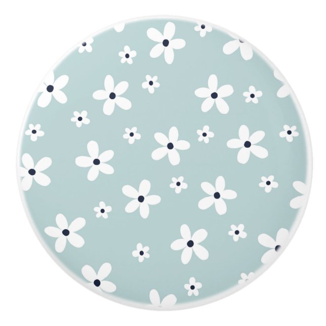 Summer Boho Blue White Daisy Flowers Ceramic Knob (Front)
