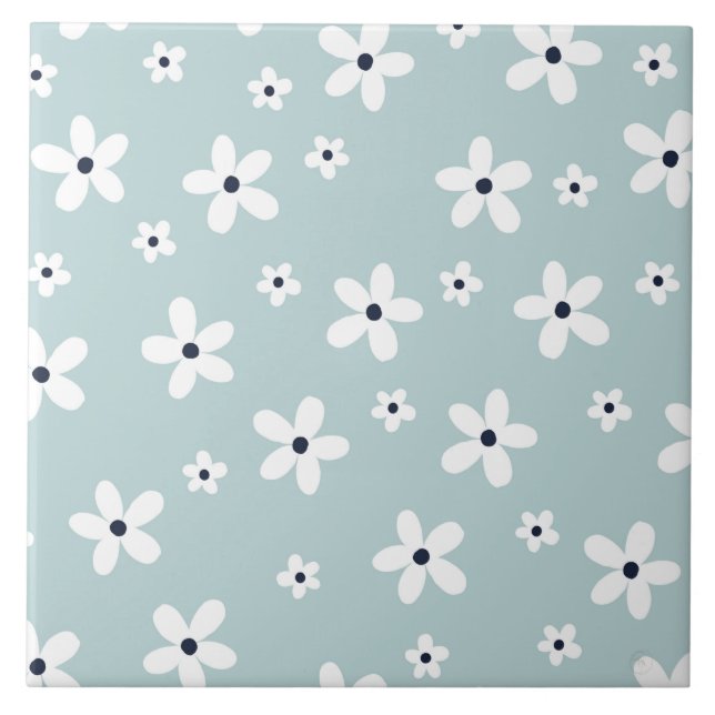Summer Boho Blue White Daisy Flowers Tile (Front)