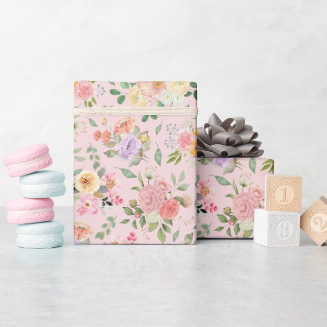 Summer Boho Floral on Baby Pink Wrapping Paper (Baby Shower)