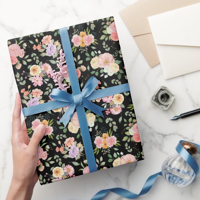 Summer Boho Floral on Black Wrapping Paper (Gifting)
