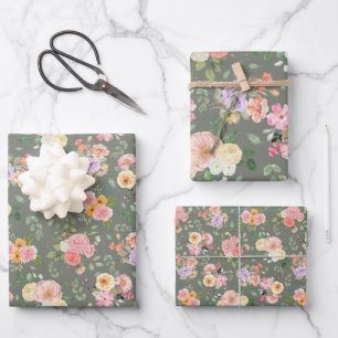 Summer Boho Floral on Grey Wrapping Paper Sheet