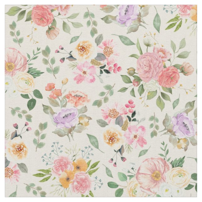 Summer Boho Floral on Pale Yellow Fabric (Close Up)