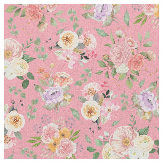 Summer Boho Floral on Rose Pink Fabric (Close Up)
