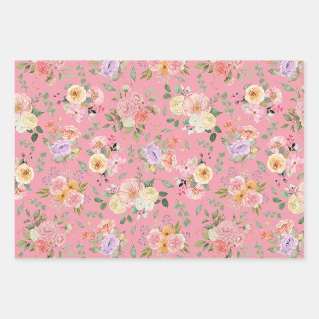 Summer Boho Floral on Rose Pink Wrapping Paper Sheet (Front 2)