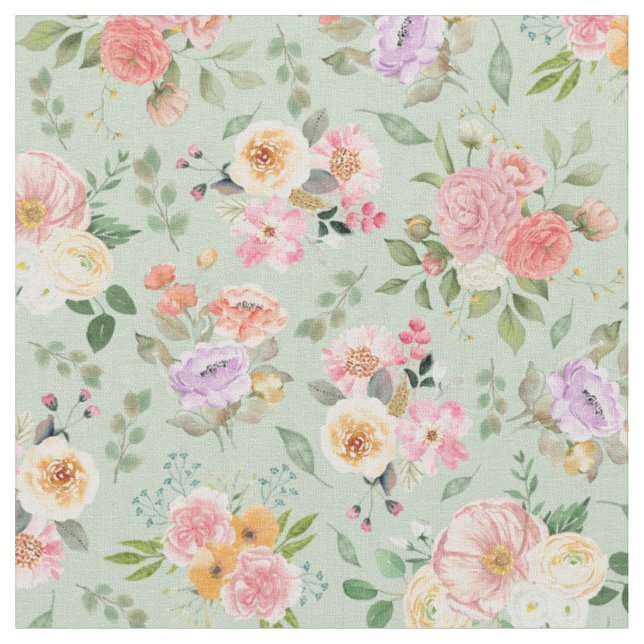 Summer Boho Floral on Sage Green Fabric (Close Up)