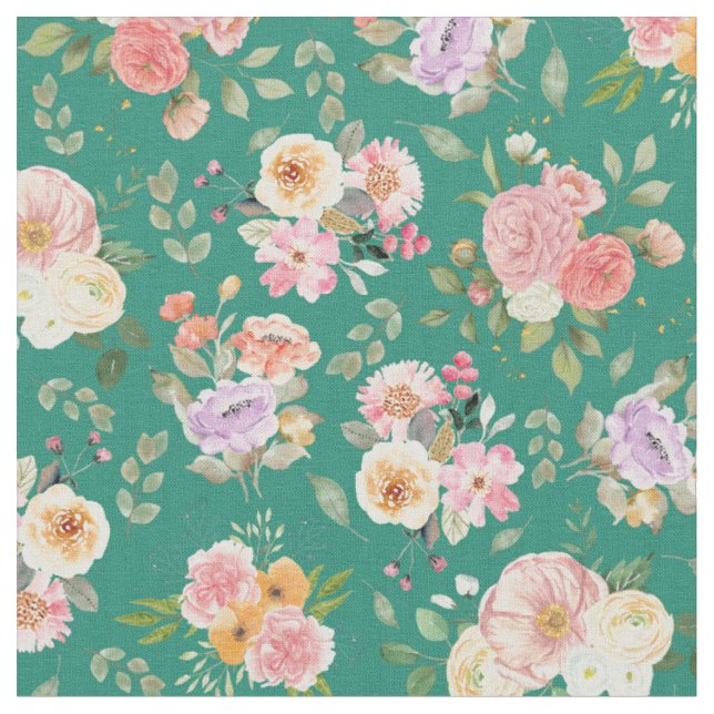 Summer Boho Floral on Tropical Green Fabric (Close Up)